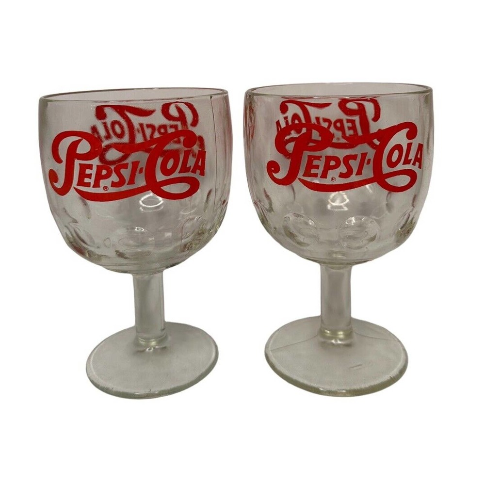 Vintage‎ Pair of Retro Logo PEPSI COLA Soda Fountain Thumbprint Glass Goblets
